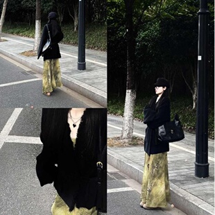 大码 慵懒风穿搭一整套女春秋季 宽松黑色毛衣外套半裙套装 胖MM中式