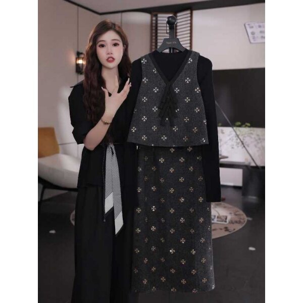 大码胖MM法式小香风时尚穿搭女装秋季V领背心打底衫半身裙三件套,女装/女士精品,时尚套装,淘宝优惠券,粉丝福利购,淘宝优惠卷