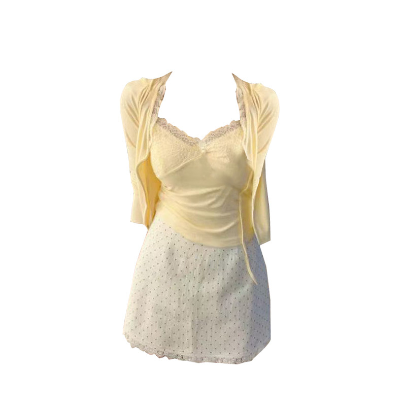 大码韩系蕾丝吊带开衫波点短裙三件套女夏季胖mm修身显瘦穿搭套装