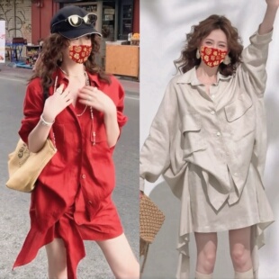 不规则上衣绑带半身裙衬衫 大码 胖MM法式 气质翻领显瘦口袋衬衫 套装