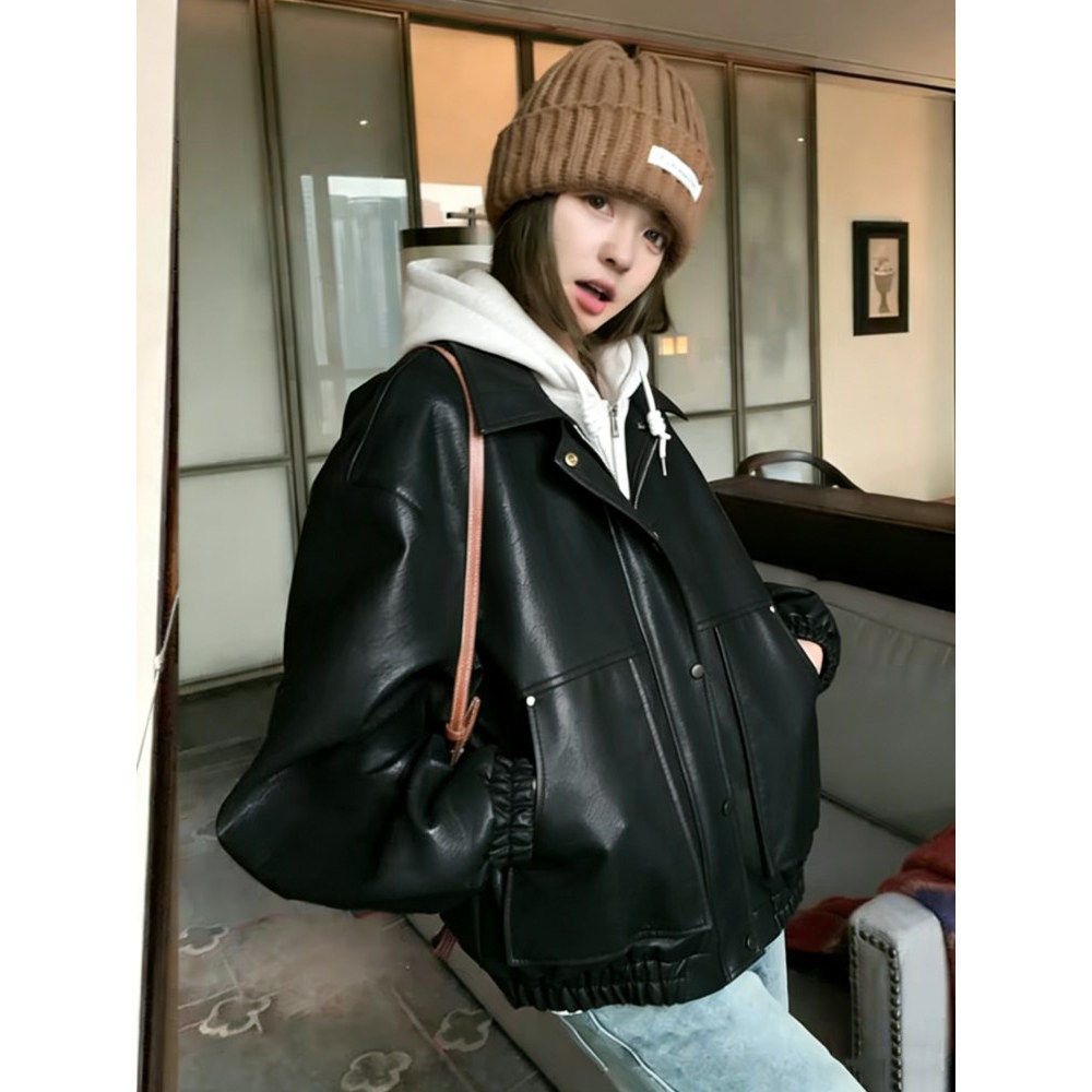 大码复古风高级感时尚连帽长袖皮衣外套女胖mm百搭修身显瘦短上衣,女装/女士精品,短外套,淘宝优惠券,粉丝福利购,淘宝优惠卷