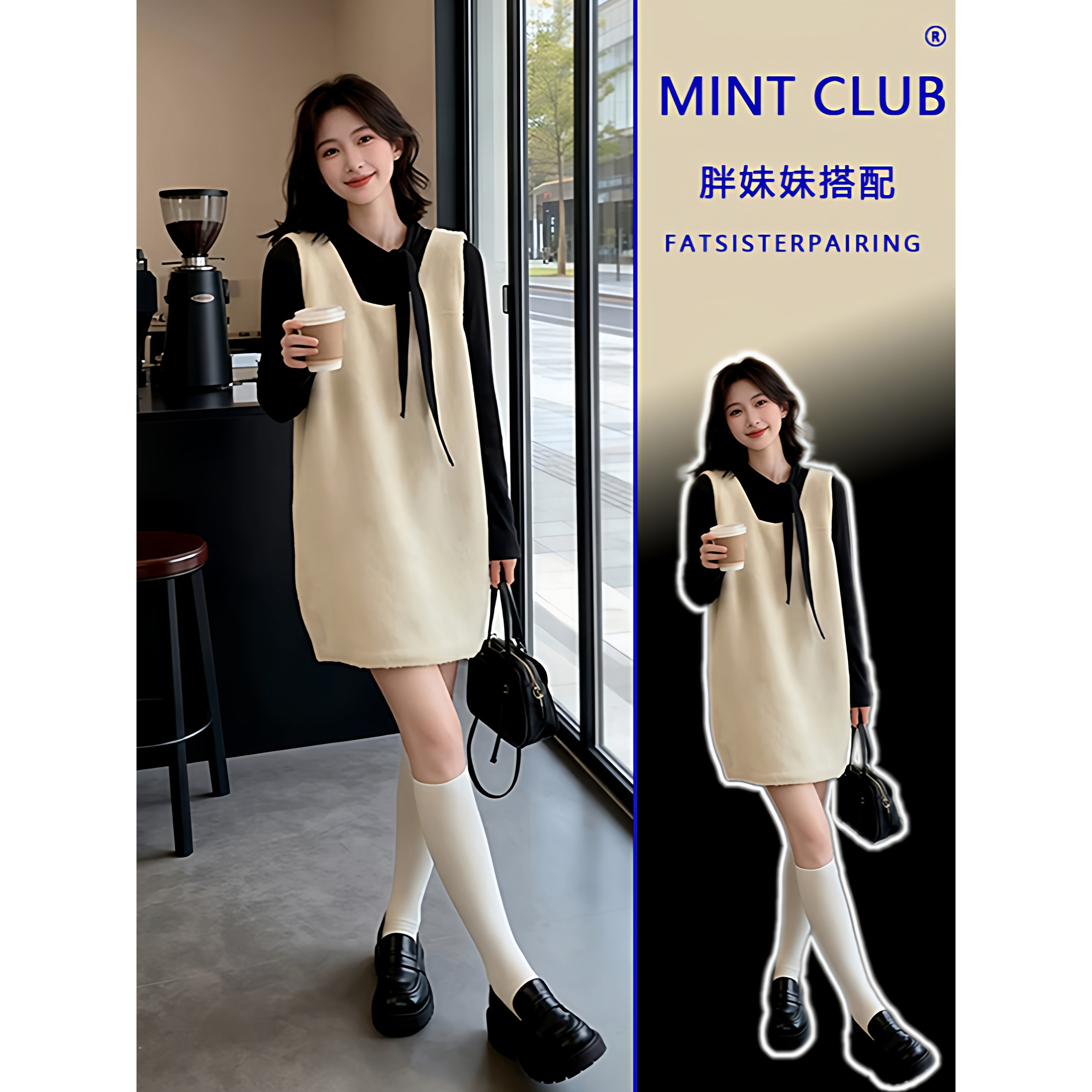春秋新款韩系减龄时尚穿搭一整套女大码胖mm内搭打底衫背心裙套装