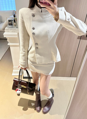 大码胖mm法式富家千金风白色西装外套包臀半身裙女秋季时尚两件套