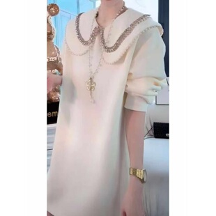 大码胖mm设计感镶钻大翻领显瘦短款连衣裙女春季时尚减龄长袖裙子