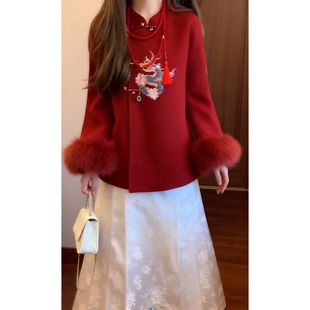 宽松显瘦套装 国风红色外套半身裙两件套女秋冬新款 胖mm新中式 大码