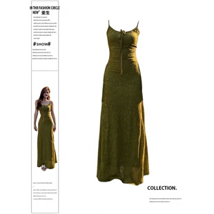 大码胖MM法式复古蝴蝶结系带收腰显瘦吊带连衣裙夏季新款绝美长裙