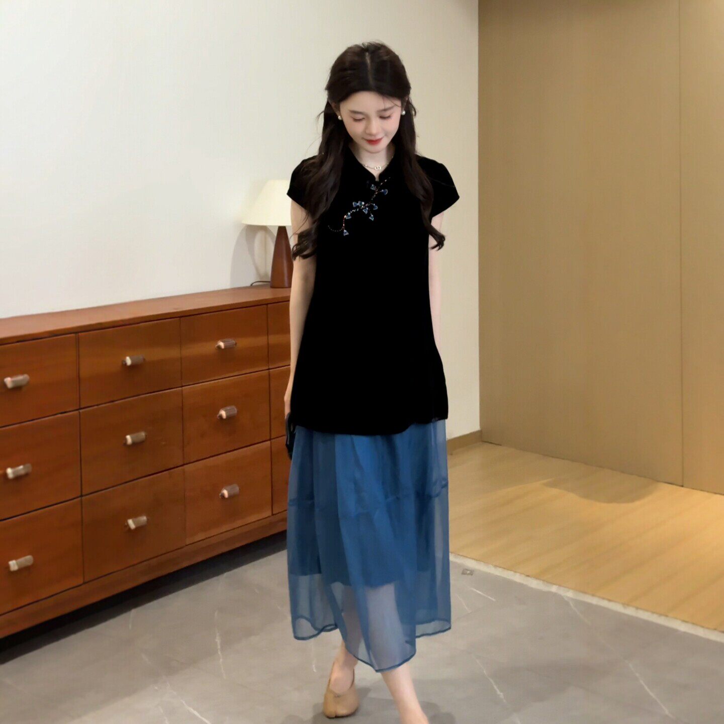 大码女装胖mm新中式国风修身上衣加夏季休闲宽松网纱半身裙两件套