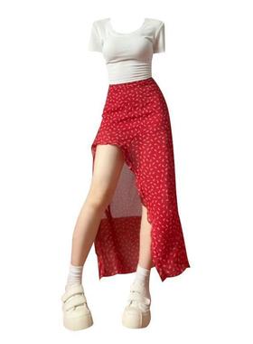 大码胖mm基础款白色短袖T恤上衣+红色复古碎花半身裙辣妹两件套装