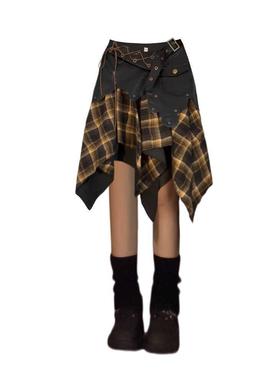 大码胖妹妹设计复古街头拼接中长裙子夏法式小众不规则半身裙女潮