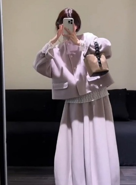 大码胖mm韩系高级感紫色毛呢外套半裙套装女秋季温柔小香风两件套