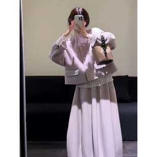 大码胖mm韩系高级感紫色毛呢外套半裙套装女秋季温柔小香风两件套