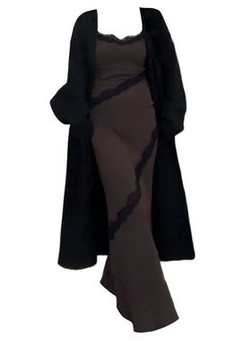 大码胖mm法式蕾丝拼接吊带连衣裙女秋季气质高级感修身包臀长裙子