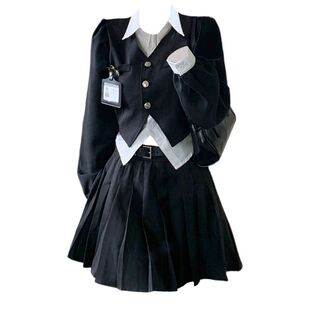 不规则上衣女高腰a字百褶短裙套装 学院风假两件长袖 胖mm韩版 大码