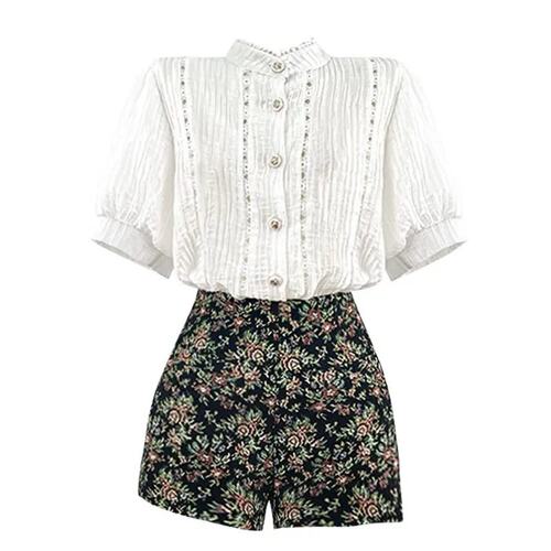 衬衫女夏季高腰提花刺绣短裤套装