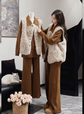 大码胖mm美拉德气质羊羔毛马甲针织上衣阔腿裤女秋冬简约通勤套装