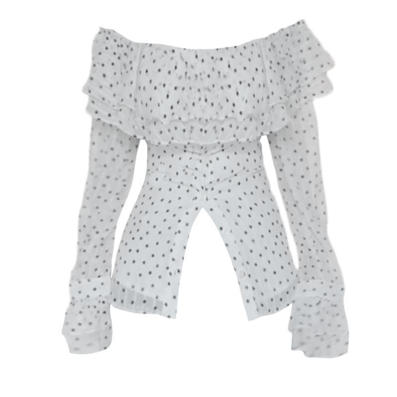 韩系一字肩衬衫女波点上衣夏季