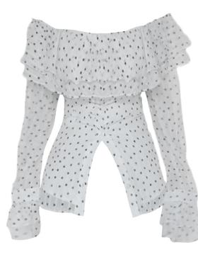 大码胖mm设计感韩系气质衬衫荷叶边波点上衣女夏季新款一字肩衬衣