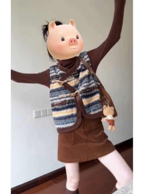 大码韩系复古撞色条纹马甲背心女胖MM秋冬内搭打底衫半身裙三件套