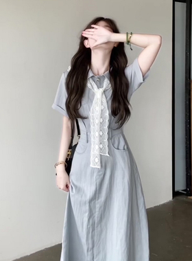 大码胖MM文艺风气质显瘦连衣裙女夏季新款蓝色Polo领纽扣收腰长裙