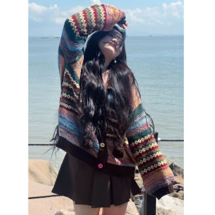 胖mm显瘦针织衫 大码 新款 复古撞色条纹连帽毛衣外套女秋季 上衣 法式