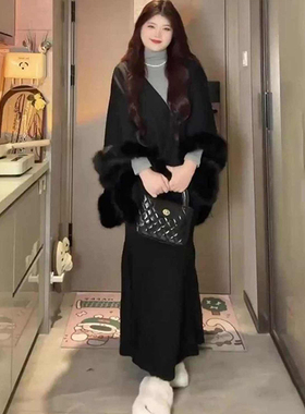 大码胖mm法式气质女冬季针织毛毛披肩+半高领打底+鱼尾半身裙套装