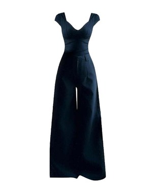 大码胖mm法式黑色小飞袖V领短款上衣女修身喇叭长裤时尚两件套装