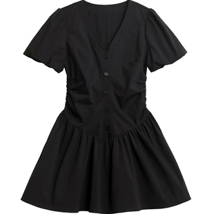 夏季新款气质V领收腰显瘦短款连衣裙女大码胖MM遮肉百搭黑色裙子