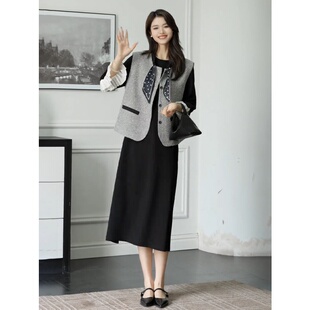 赫本风宽松显瘦拼接百搭连衣裙无袖 新款 马甲两件套女 胖mm秋季 大码