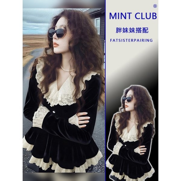 大码胖mm法式设计感蕾丝荷叶边黑色衬衫女赫本风时尚百搭显瘦上衣,女装/女士精品,衬衫,淘宝优惠券,粉丝福利购,淘宝优惠卷