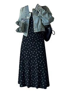 收腰气质碎花连衣裙女两件套装 胖妹妹韩系巨显瘦牛仔外套春季 大码