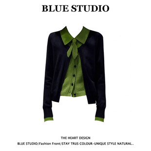 大码胖mm韩系氛围感黑绿假两件翻领开衫毛衣女装春季宽松百搭上衣