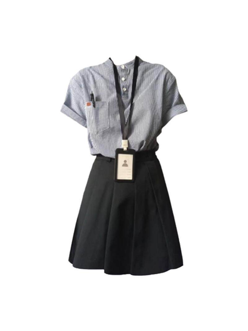 大码胖mm休闲通勤套装夏季复古条纹刺绣衬衫+a字半身裙港风两件套