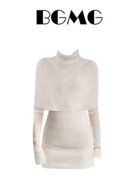 大码胖MM白色高领针织套装女秋冬季新款修身上衣半身裙时尚三件套
