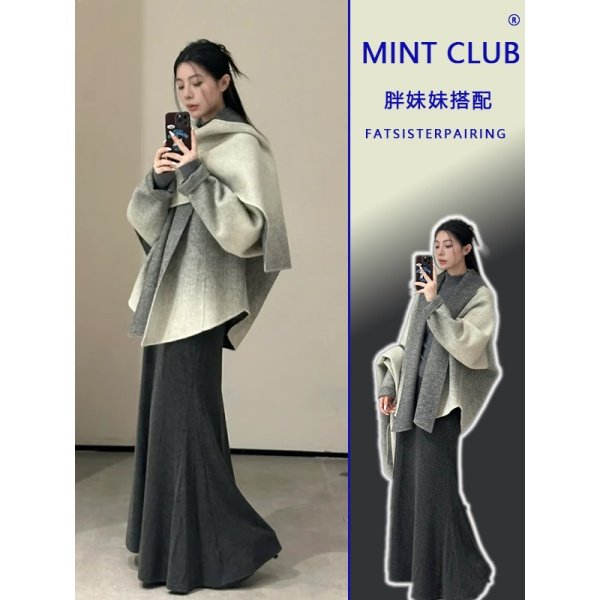 大码胖mm高级感百搭毛呢大衣披肩斗篷外套女冬季新款时尚两件套装,女装/女士精品,时尚套装,淘宝优惠券,粉丝福利购,淘宝优惠卷