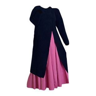 大码胖mm慵懒设计感黑色斜角开叉针织外套春季A字大裙摆伞裙套装