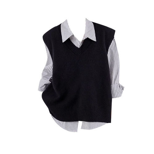 法式衬衫针织马甲背心上衣两件套