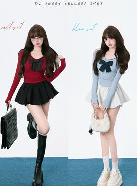 大码胖mm甜美校园风蝴蝶结水手领上衣蓬蓬裙套装女装秋季时尚套装