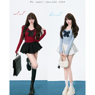 胖mm甜美校园风蝴蝶结水手领上衣蓬蓬裙套装 套装 女装 时尚 秋季 大码