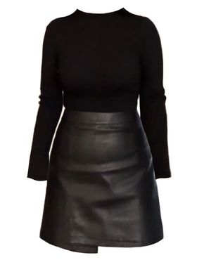 大码胖MM法式气质修身显瘦长袖针织打底衫女春秋高腰包臀皮裙套装