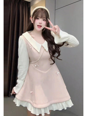 大码温柔风甜美拼接粉色连衣裙女秋冬胖mm假两件收腰显瘦气质短裙