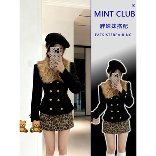 大码 显瘦毛呢外套两件套 韩系百搭高腰豹纹半身裙女胖MM双排扣修身