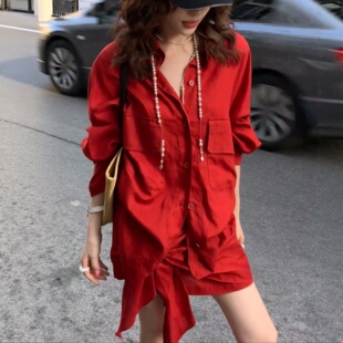 复古红色绑带百搭半身裙套装 胖MM慵懒通勤风休闲宽松翻领衬衫 大码