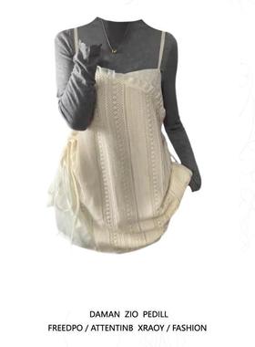 大码胖MM白色吊带连衣裙女秋季高级感叠穿纱裙罩裙打底短裙两件套