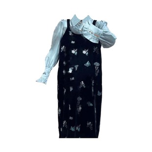 刺绣上衣长裙两件套 显瘦衬衫 大码 胖mm韩系高级感吊带连衣裙女秋季