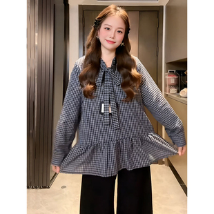 大码胖mm韩系高级感叠穿格子衬衫外套两件套女装春季减龄显瘦套装
