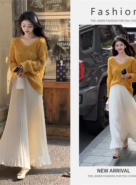 大码胖mm韩系V领针织上衣半身裙套装女装秋季氛围感绝美时尚套装