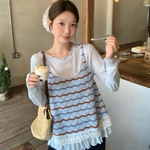 上衣套装 胖MM复古提花针织背心两件套女韩系减龄宽松显瘦长袖 大码