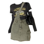 女夏季 大码 胖mm设计感不规则背带收腰显瘦牛仔裙百搭上衣两件套装