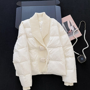大码胖MM法式白色翻领拼接短款棉服外套春季加厚保暖外穿棉衣棉袄