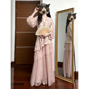 大码胖MM新中式粉色网纱蕾丝气质连衣裙女大方得体绝美宽松长裙子
